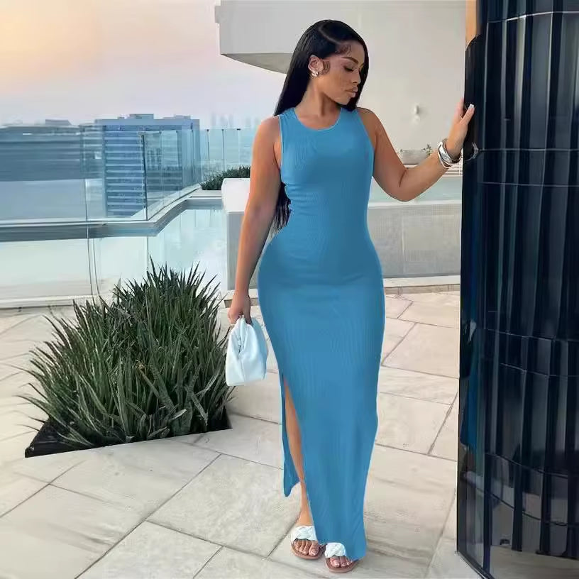 Ribbed Sexy Y2K Clothes Sleeveless Bodycon Maxi Dresses for Women Club Birthday Party Streetwear Elegant Outfits Prom Dresses
