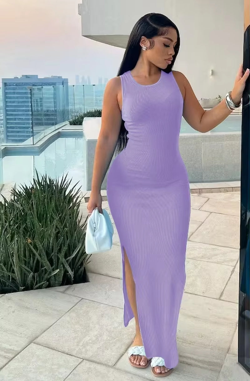 Ribbed Sexy Y2K Clothes Sleeveless Bodycon Maxi Dresses for Women Club Birthday Party Streetwear Elegant Outfits Prom Dresses