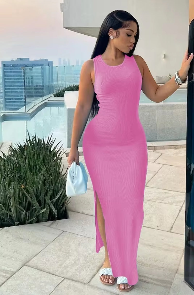 Ribbed Sexy Y2K Clothes Sleeveless Bodycon Maxi Dresses for Women Club Birthday Party Streetwear Elegant Outfits Prom Dresses