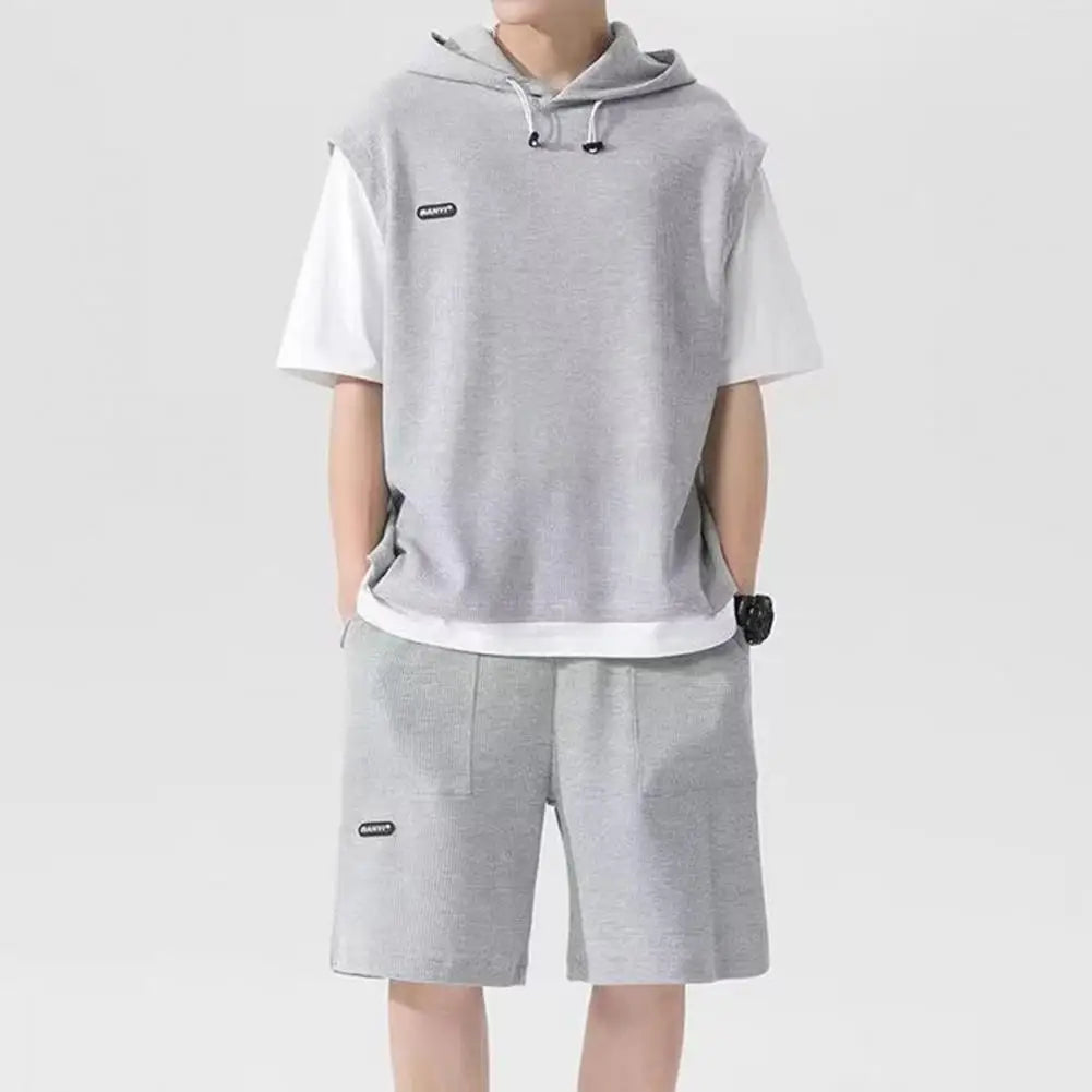 Fake Two Pieces Outfit Men'S Casual Sport Outfit Set with Hooded Drawstring Top Elastic Waist Shorts Waffle Texture for Active