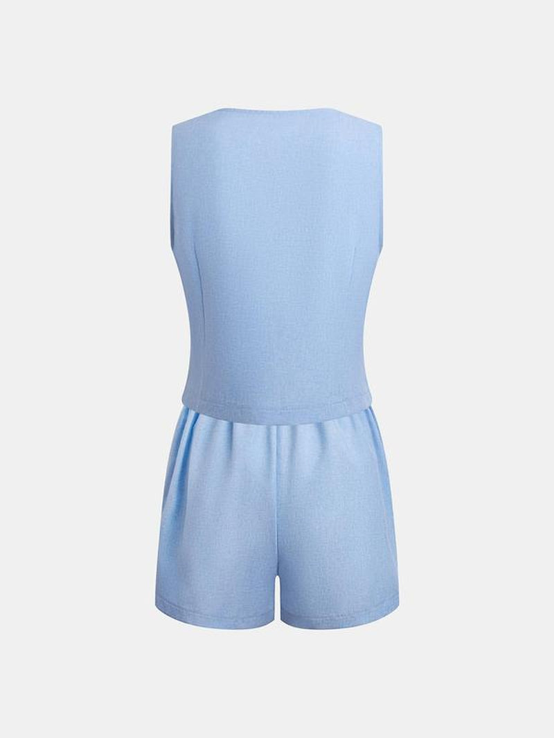YOZY Two-Piece Set Women'S Solid Color Button Front Blazer Vest & Shorts, Casual Blazer Top & Shorts for Daily Wear, Ladies Summer Outfit Clothes, Womenswear