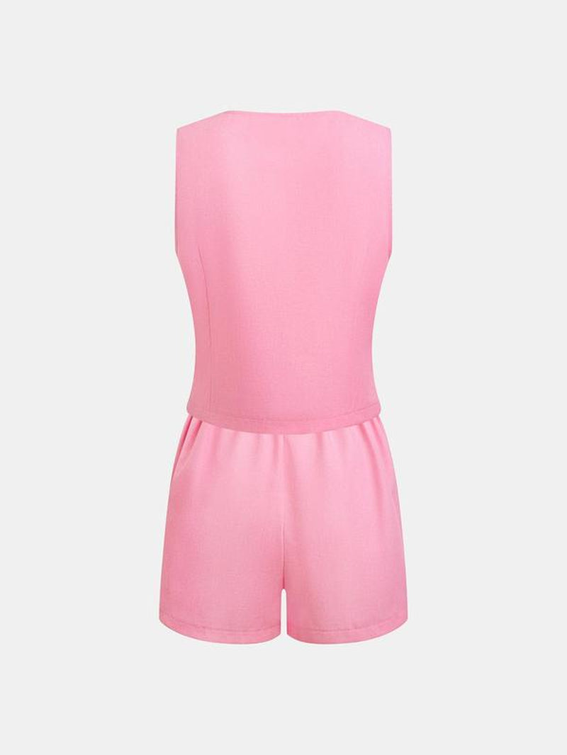 YOZY Two-Piece Set Women'S Solid Color Button Front Blazer Vest & Shorts, Casual Blazer Top & Shorts for Daily Wear, Ladies Summer Outfit Clothes, Womenswear