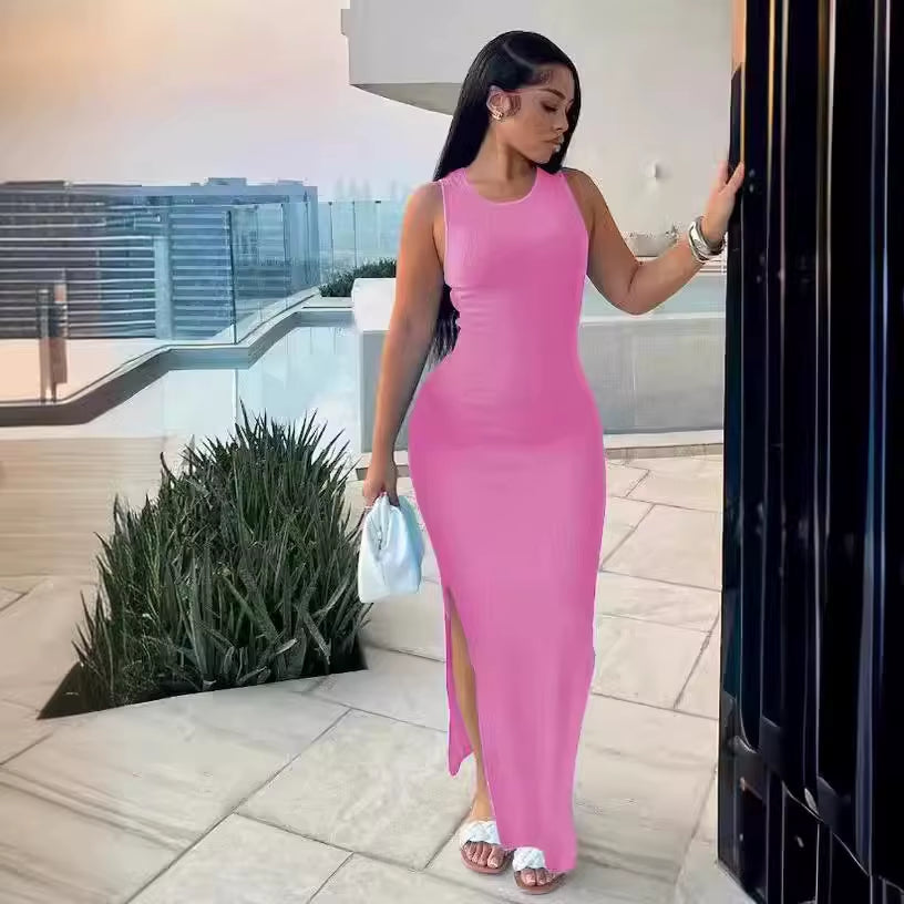 Ribbed Sexy Y2K Clothes Sleeveless Bodycon Maxi Dresses for Women Club Birthday Party Streetwear Elegant Outfits Prom Dresses