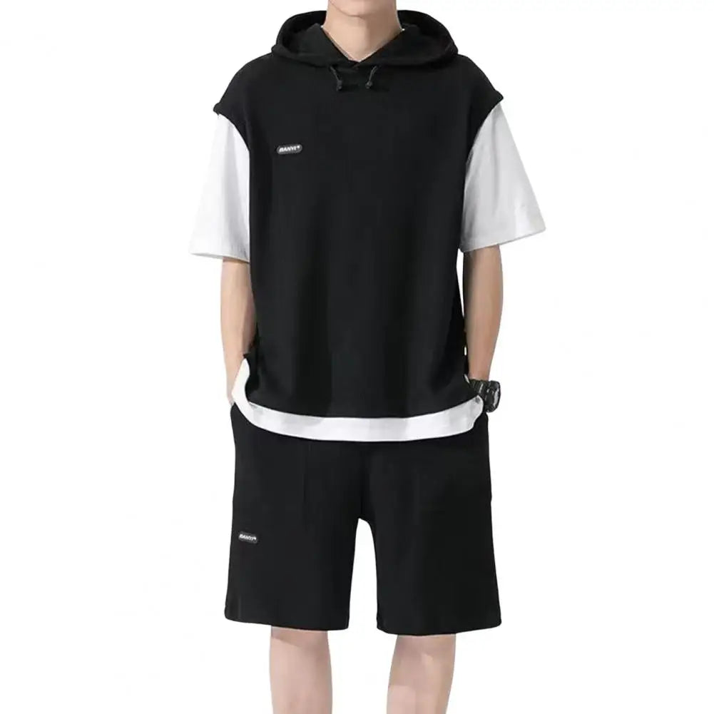 Fake Two Pieces Outfit Men'S Casual Sport Outfit Set with Hooded Drawstring Top Elastic Waist Shorts Waffle Texture for Active