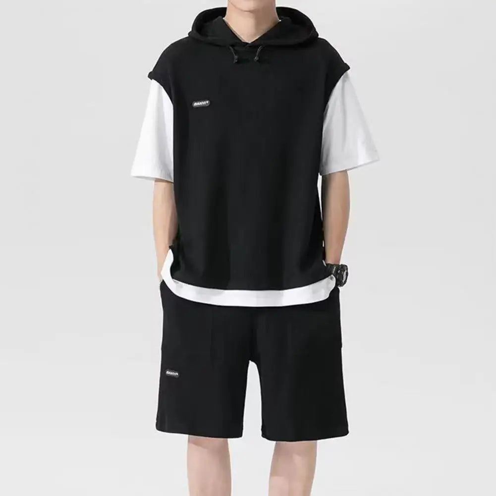 Fake Two Pieces Outfit Men'S Casual Sport Outfit Set with Hooded Drawstring Top Elastic Waist Shorts Waffle Texture for Active