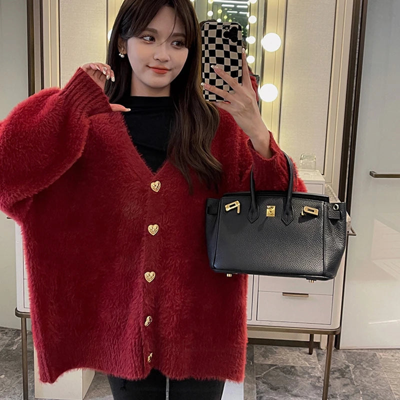 White Heart Buttons Mink Cashmere Cardigan V Neck Autumn Winter Vintage Lantern Sleeve Knit Sweaters Soft Women Hairy Loose O213