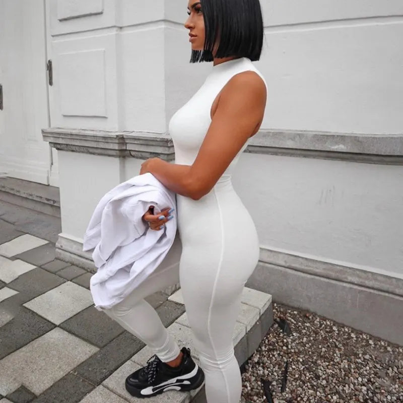 Black Jumpsuit Women Pants Elastic Casual Fitness Sporty Rompers Sleeveless Zipper Activewear Tight Summer Elegance Streetwear