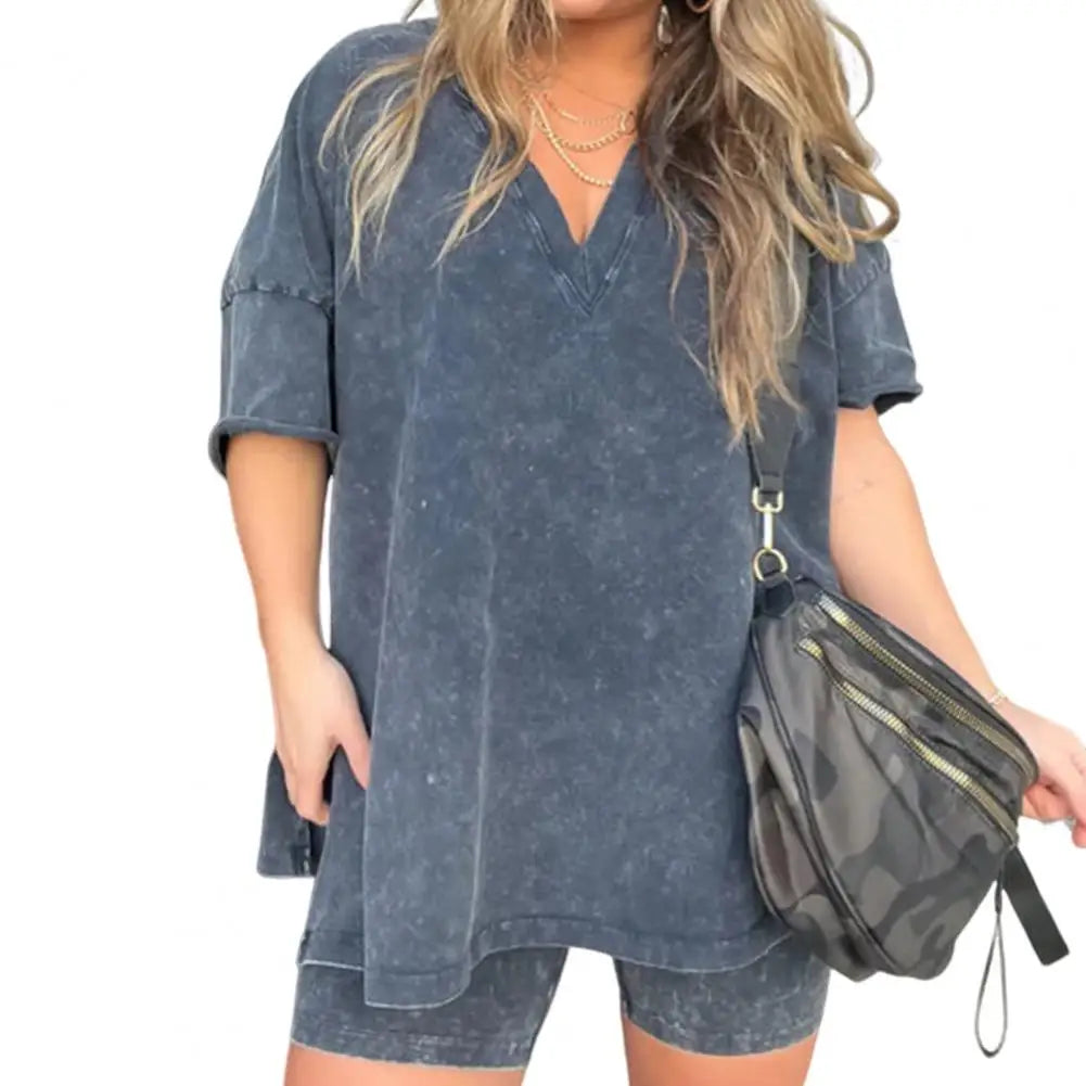 2 Pcs/Set Women Summer Sportswear Set Side Split Short Sleeves T-Shirt Elastic Waist Mini Pants Set Tracksuit Sport Clothes