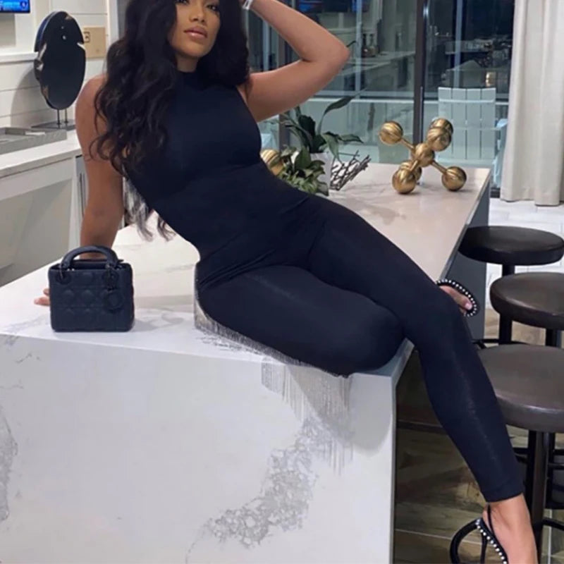 Black Jumpsuit Women Pants Elastic Casual Fitness Sporty Rompers Sleeveless Zipper Activewear Tight Summer Elegance Streetwear