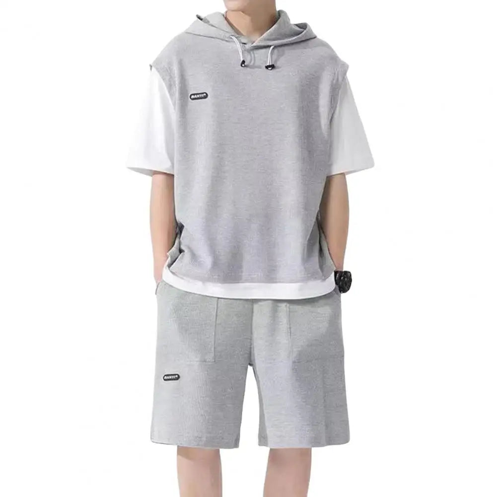 Fake Two Pieces Outfit Men'S Casual Sport Outfit Set with Hooded Drawstring Top Elastic Waist Shorts Waffle Texture for Active