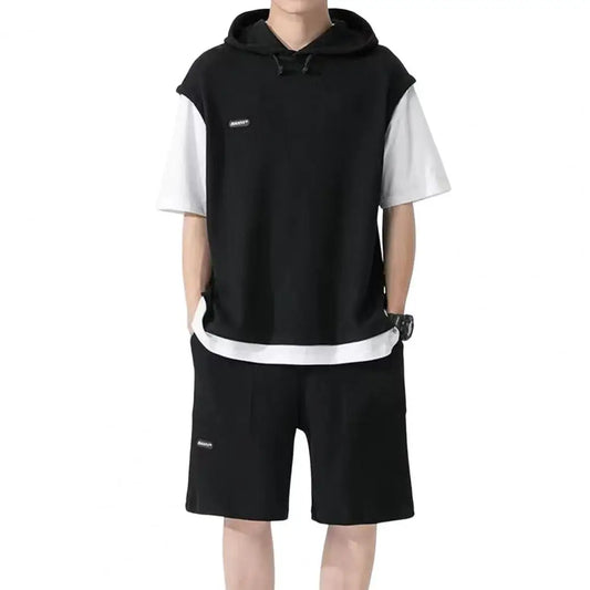 Fake Two Pieces Outfit Men'S Casual Sport Outfit Set with Hooded Drawstring Top Elastic Waist Shorts Waffle Texture for Active